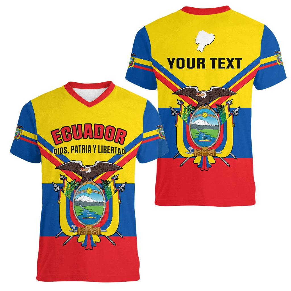 Personalised Ecuador Women V Neck T Shirt Ecuadorian Coat Of Arms Yellow Version - Wonder Print Shop