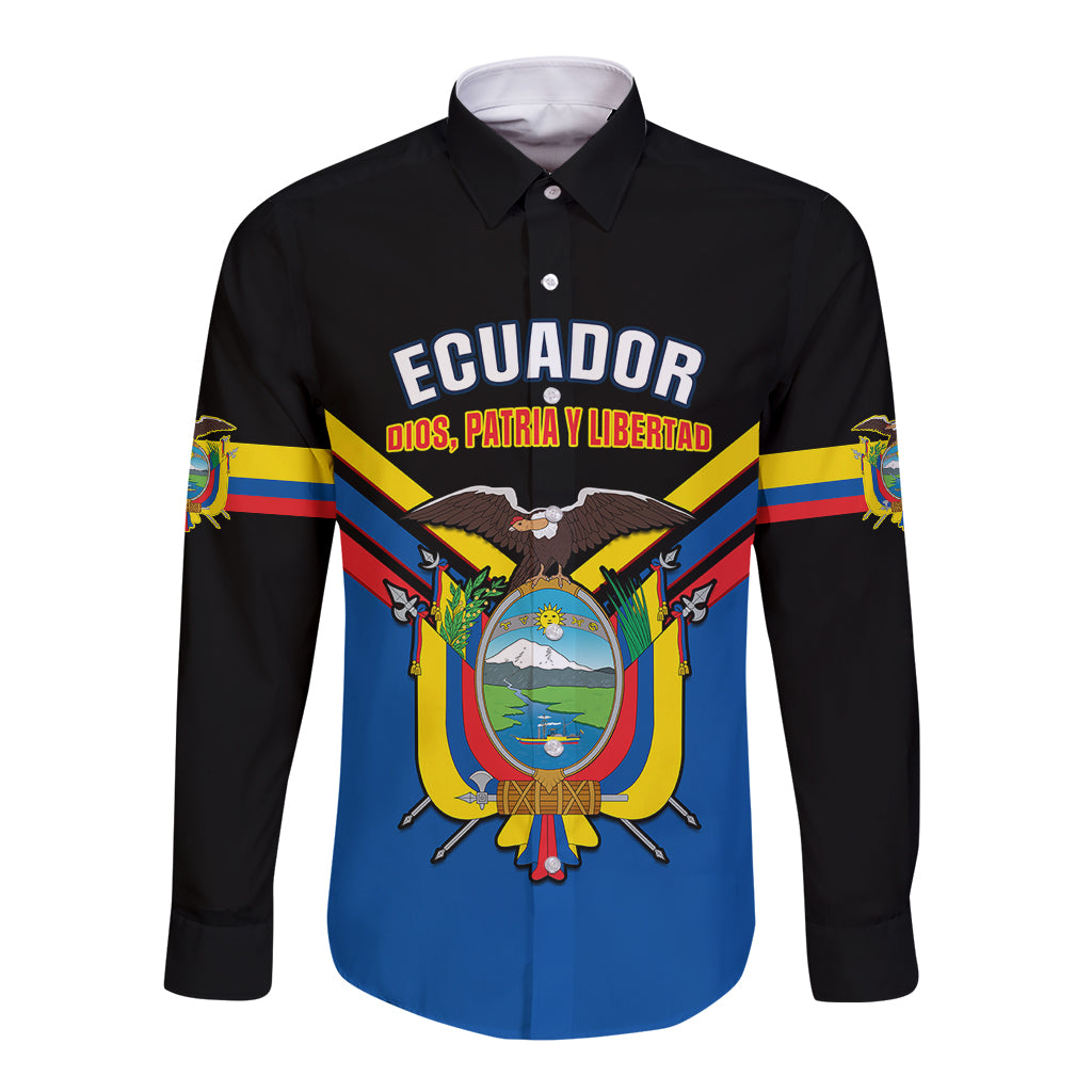 Ecuador Long Sleeve Button Shirt Ecuadorian Coat Of Arms Black Version - Wonder Print Shop