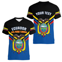 Personalised Ecuador Women V Neck T Shirt Ecuadorian Coat Of Arms Black Version - Wonder Print Shop