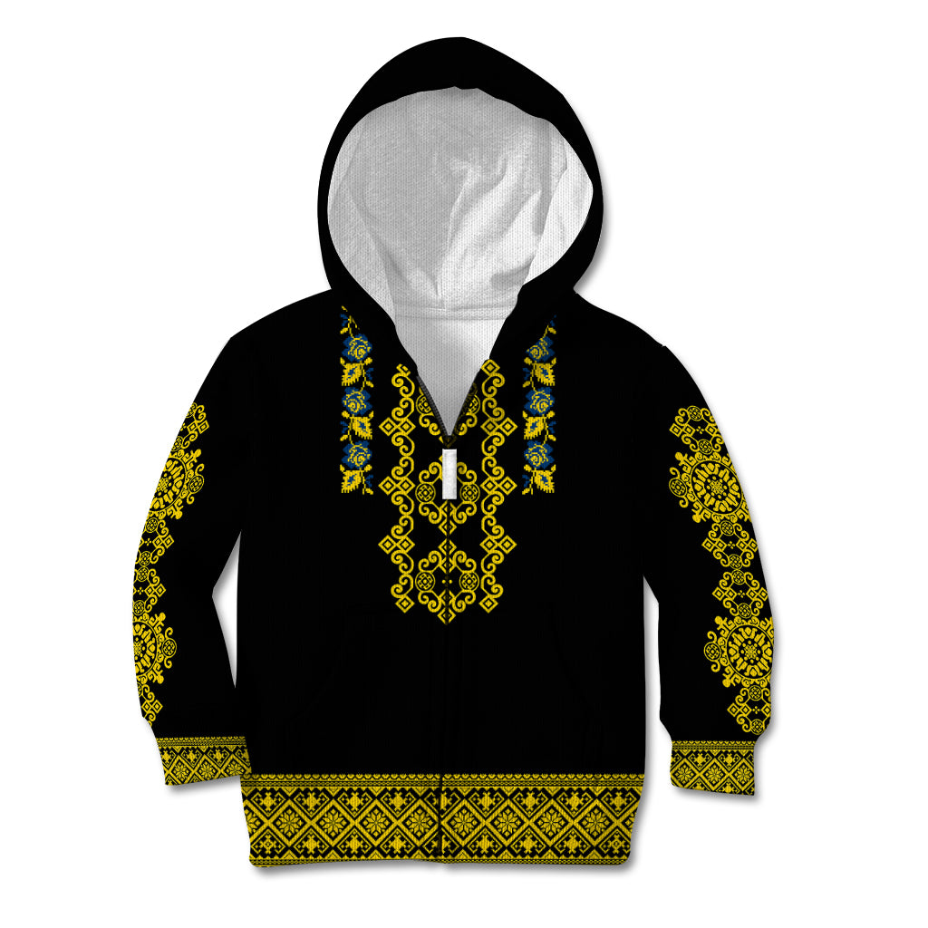 Personalised Ukraine Kid Hoodie Black Ukrainian Folk Pattern - Wonder Print Shop