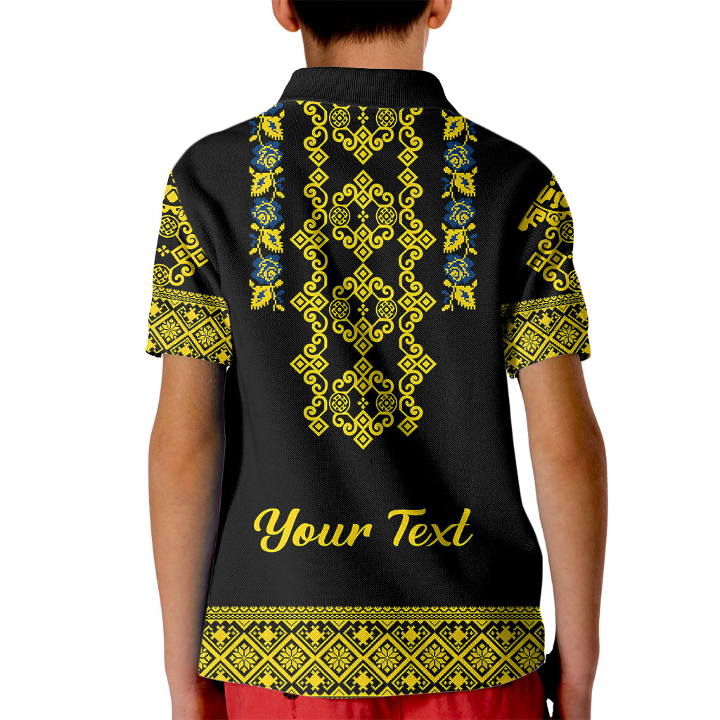 Personalised Ukraine Kid Polo Shirt Black Ukrainian Folk Pattern - Wonder Print Shop