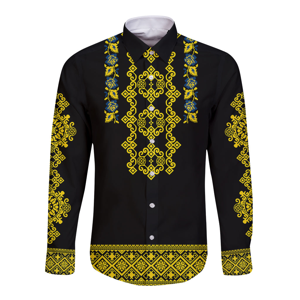 Personalised Ukraine Long Sleeve Button Shirt Black Ukrainian Folk Pattern - Wonder Print Shop