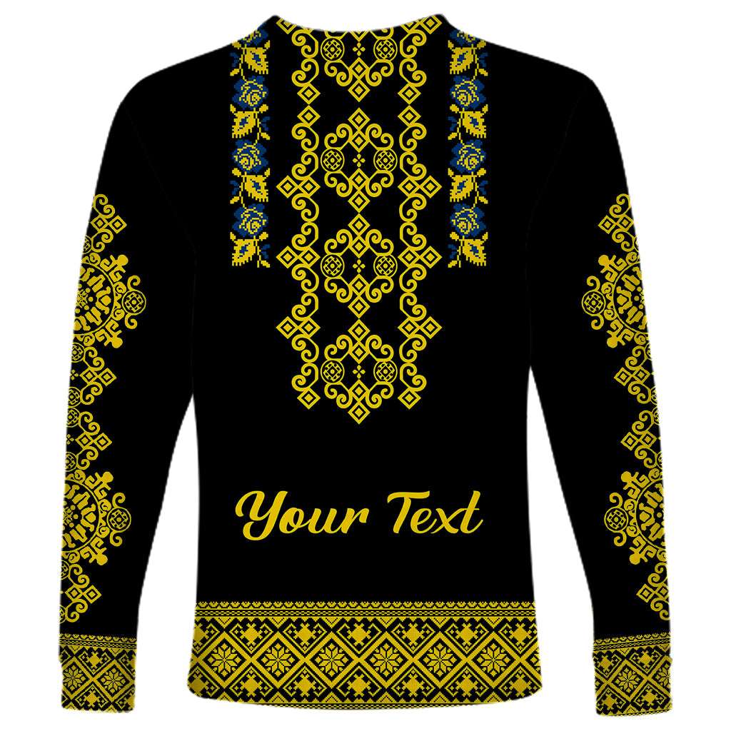 Personalised Ukraine Long Sleeve Shirt Black Ukrainian Folk Pattern - Wonder Print Shop