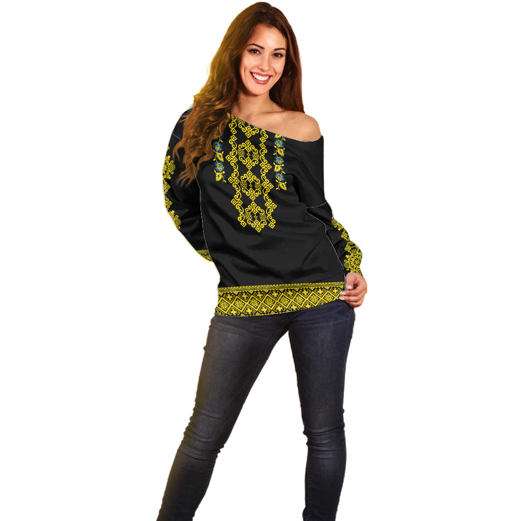 Personalised Ukraine Off Shoulder Sweater Black Ukrainian Folk Pattern - Wonder Print Shop