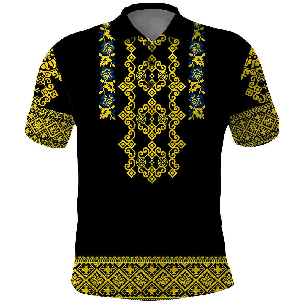 Personalised Ukraine Polo Shirt Black Ukrainian Folk Pattern - Wonder Print Shop