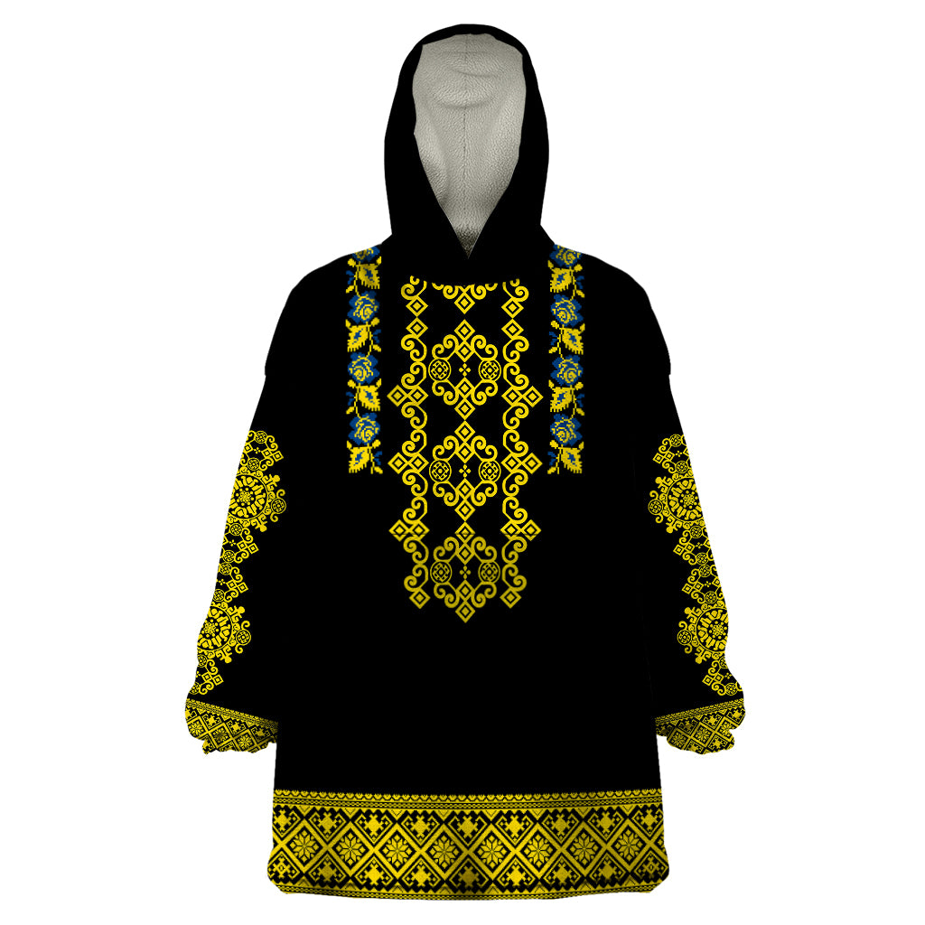 Personalised Ukraine Wearable Blanket Hoodie Black Ukrainian Folk Pattern - Wonder Print Shop