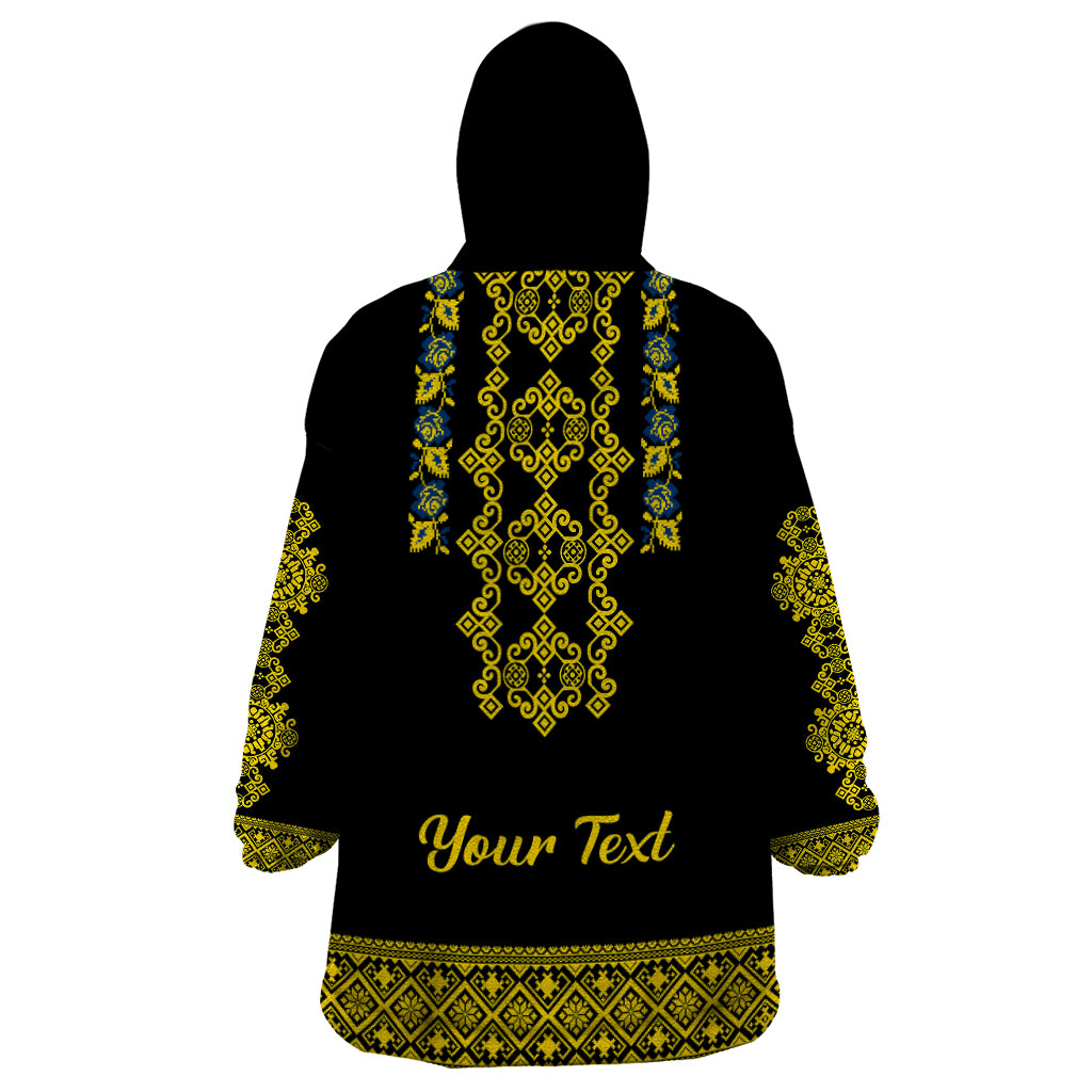 Personalised Ukraine Wearable Blanket Hoodie Black Ukrainian Folk Pattern - Wonder Print Shop