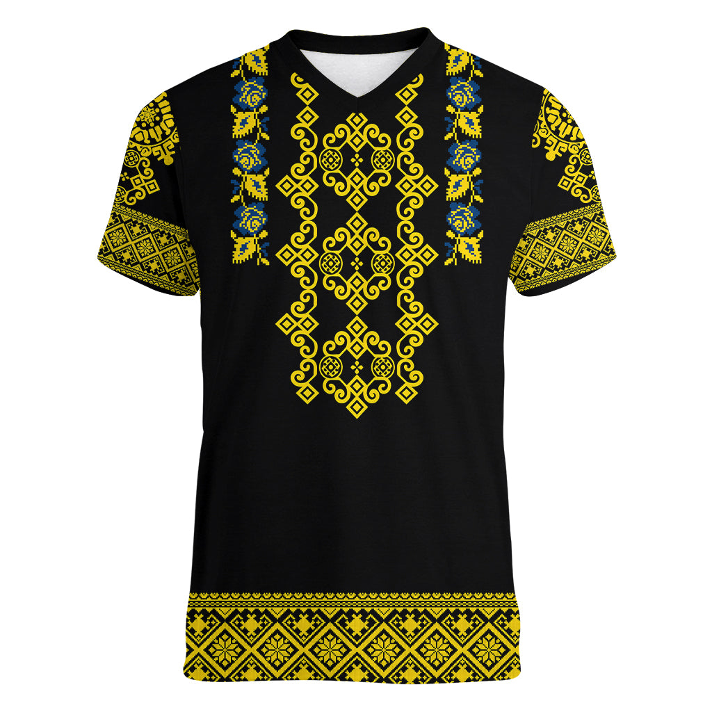 Personalised Ukraine Women V Neck T Shirt Black Ukrainian Folk Pattern - Wonder Print Shop