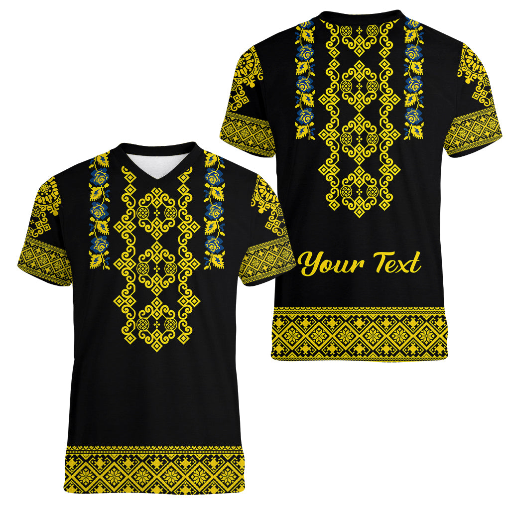 Personalised Ukraine Women V Neck T Shirt Black Ukrainian Folk Pattern - Wonder Print Shop