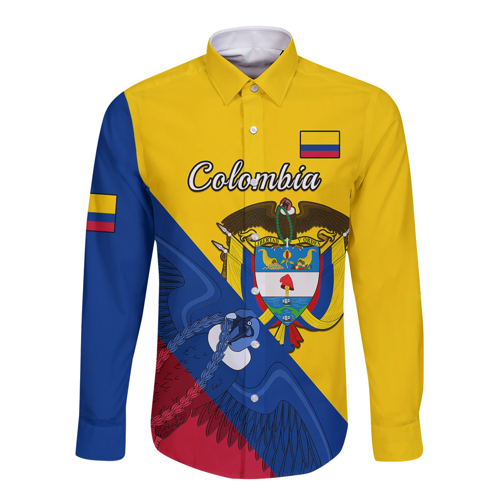 Personalised Colombia Long Sleeve Button Shirt Colombian Coat Of Arms With Andean Condor - Wonder Print Shop
