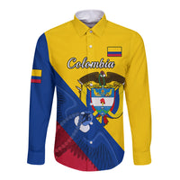 Yellow long-sleeve button-up shirt with Colombia crest and Andean condor graphic