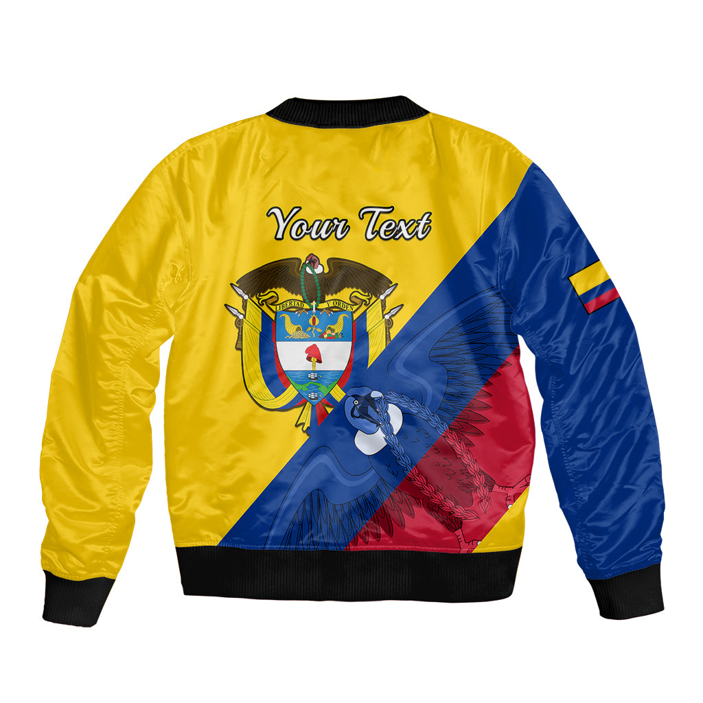 Yellow blue red zip bomber jacket with 'Your Text' crest; ribbed cuffs