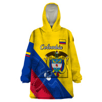 Yellow wearable blanket hoodie with hood, Colombia graphic coat of arms and condor print