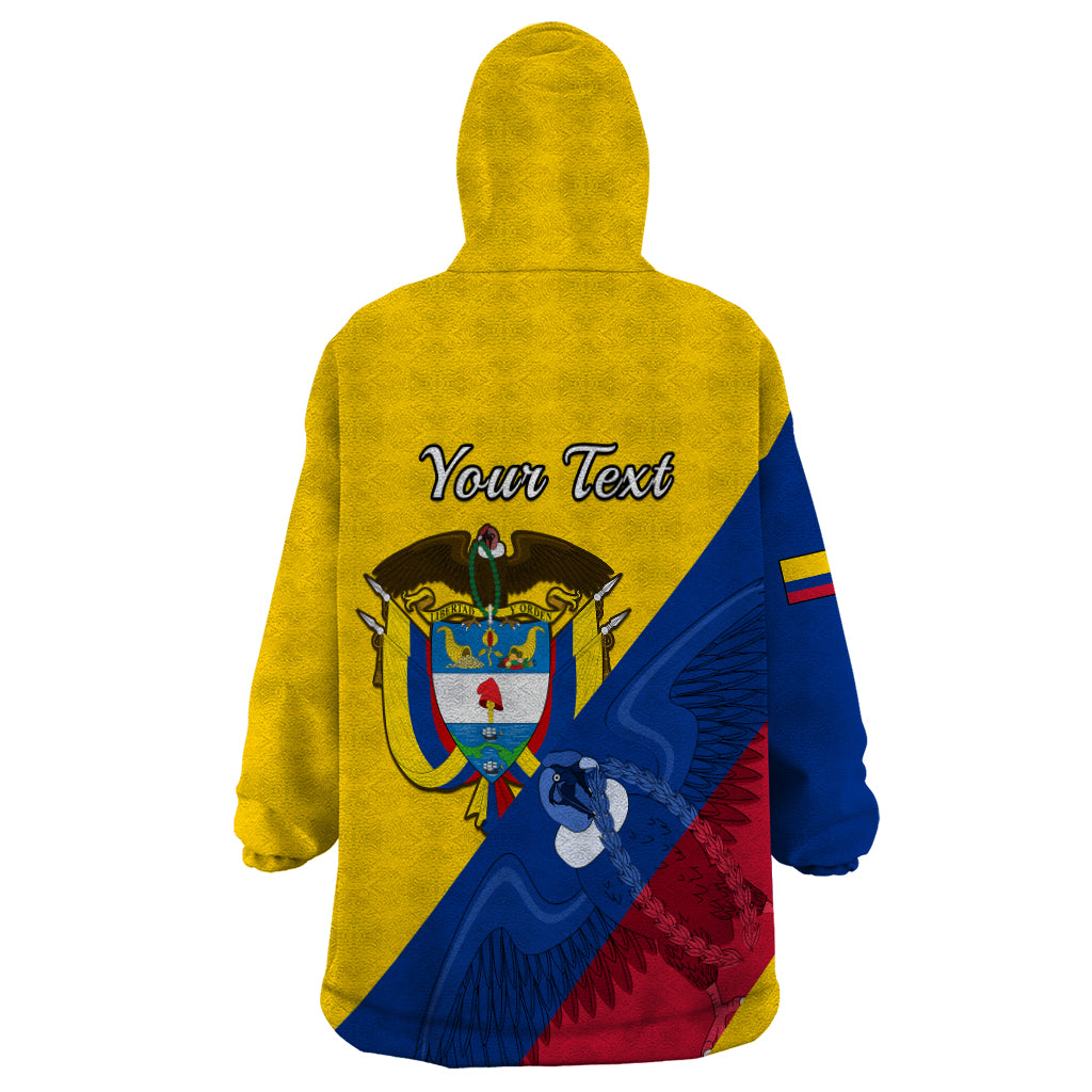 Yellow wearable blanket hoodie with hood, back graphic and “Your Text” over Colombia design