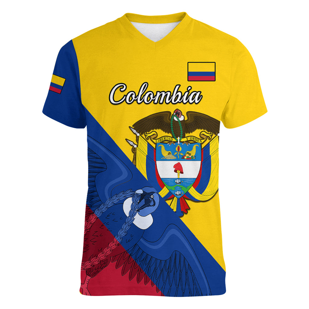 Personalised Colombia Women V Neck T Shirt Colombian Coat Of Arms With Andean Condor - Wonder Print Shop