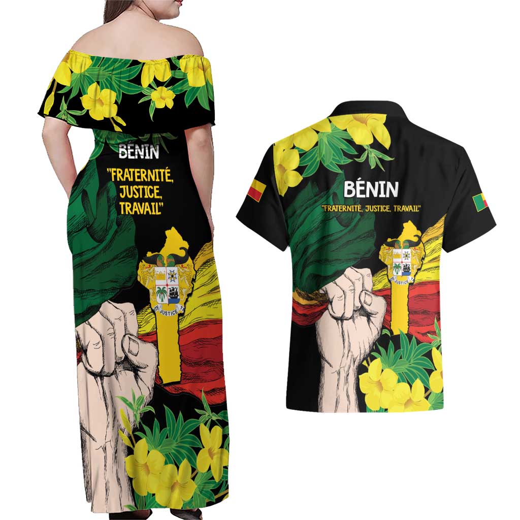 Benin National Day Couples Matching Off Shoulder Maxi Dress and Hawaiian Shirt Happy 64th Independence Anniversary Yellow Allamanda - Wonder Print Shop