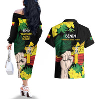 Benin National Day Couples Matching Off The Shoulder Long Sleeve Dress and Hawaiian Shirt Happy 64th Independence Anniversary Yellow Allamanda - Wonder Print Shop