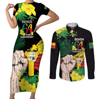 Benin National Day Couples Matching Short Sleeve Bodycon Dress and Long Sleeve Button Shirt Happy 64th Independence Anniversary Yellow Allamanda - Wonder Print Shop