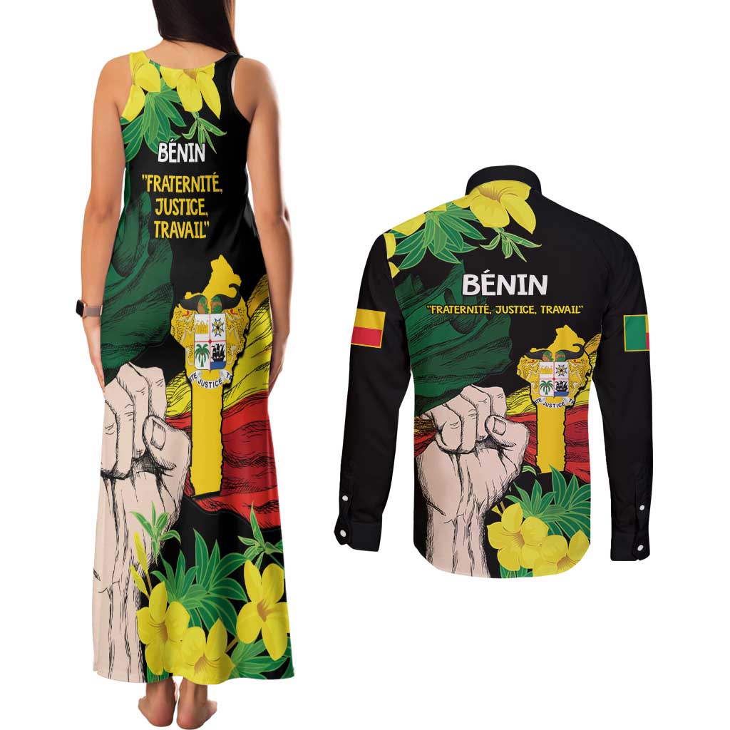 Benin National Day Couples Matching Tank Maxi Dress and Long Sleeve Button Shirt Happy 64th Independence Anniversary Yellow Allamanda - Wonder Print Shop