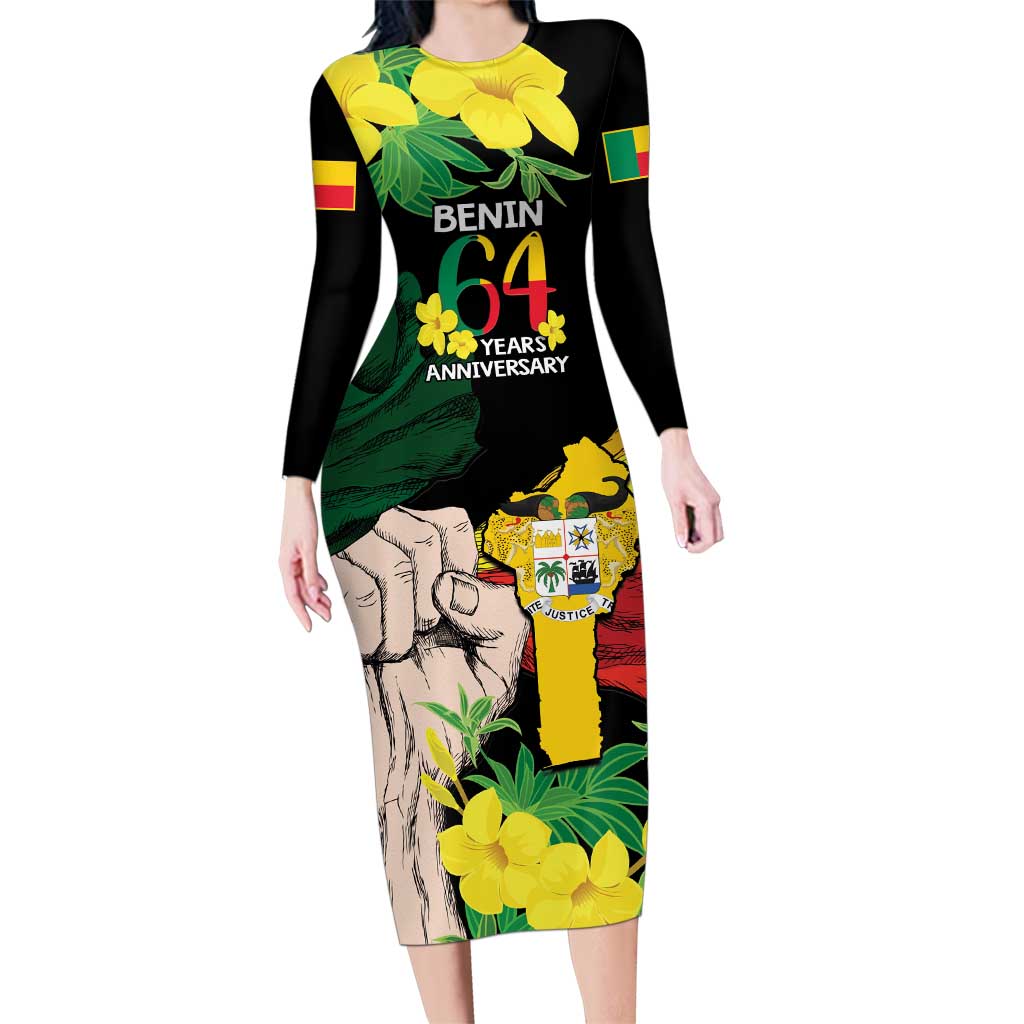 Benin National Day Family Matching Long Sleeve Bodycon Dress and Hawaiian Shirt Happy 64th Independence Anniversary Yellow Allamanda - Wonder Print Shop