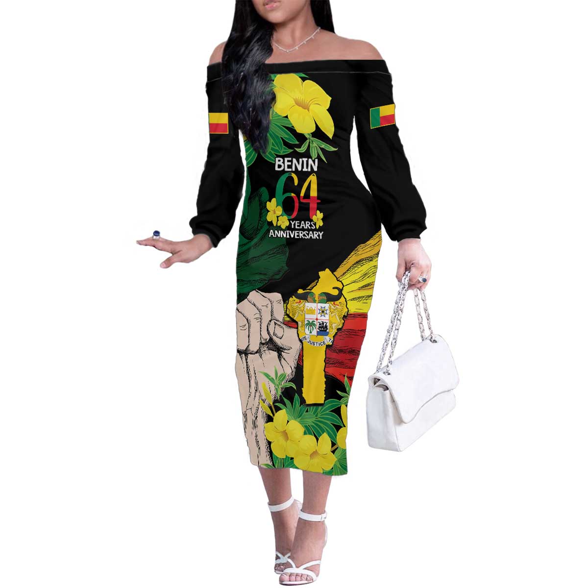 Benin National Day Family Matching Off The Shoulder Long Sleeve Dress and Hawaiian Shirt Happy 64th Independence Anniversary Yellow Allamanda - Wonder Print Shop