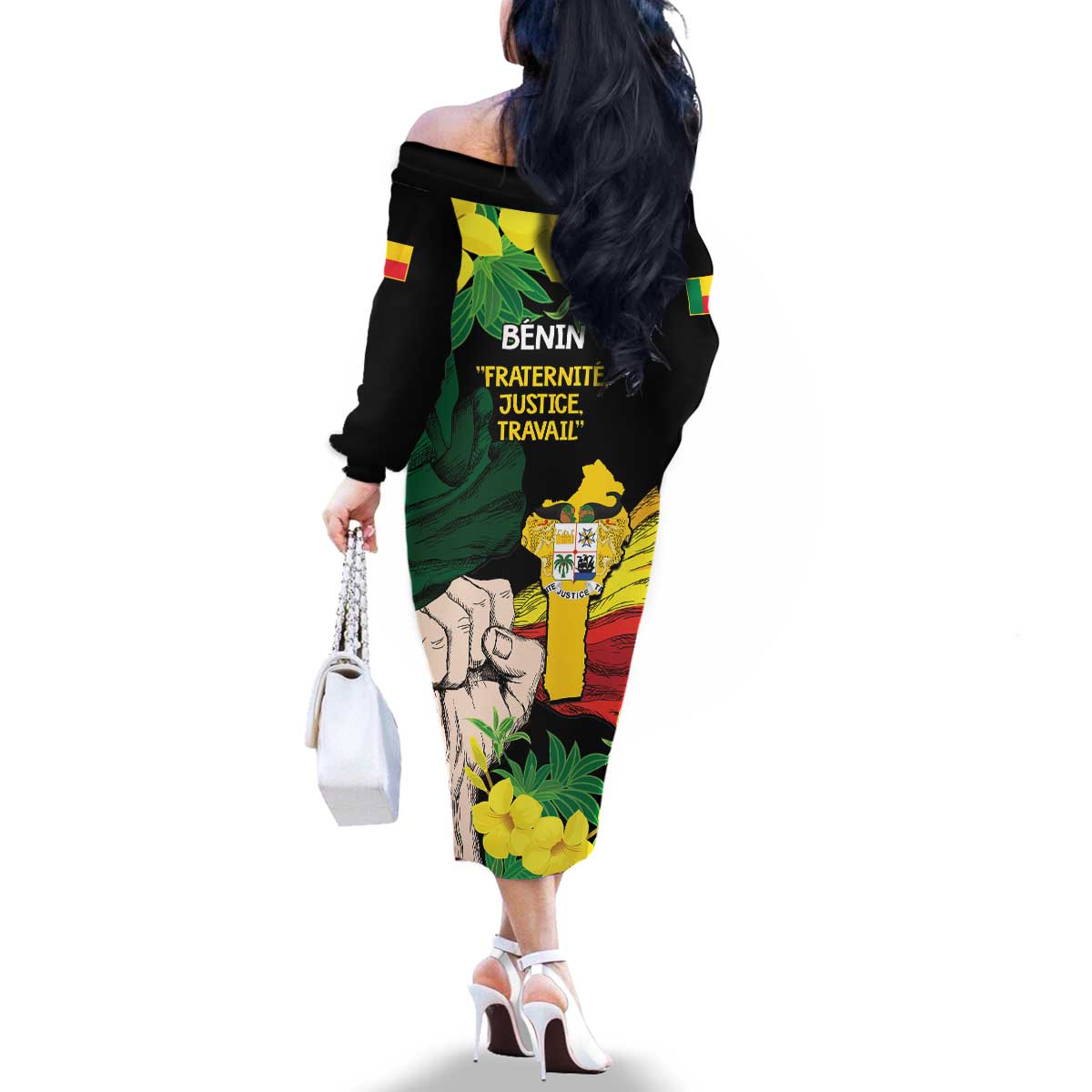 Benin National Day Family Matching Off The Shoulder Long Sleeve Dress and Hawaiian Shirt Happy 64th Independence Anniversary Yellow Allamanda - Wonder Print Shop