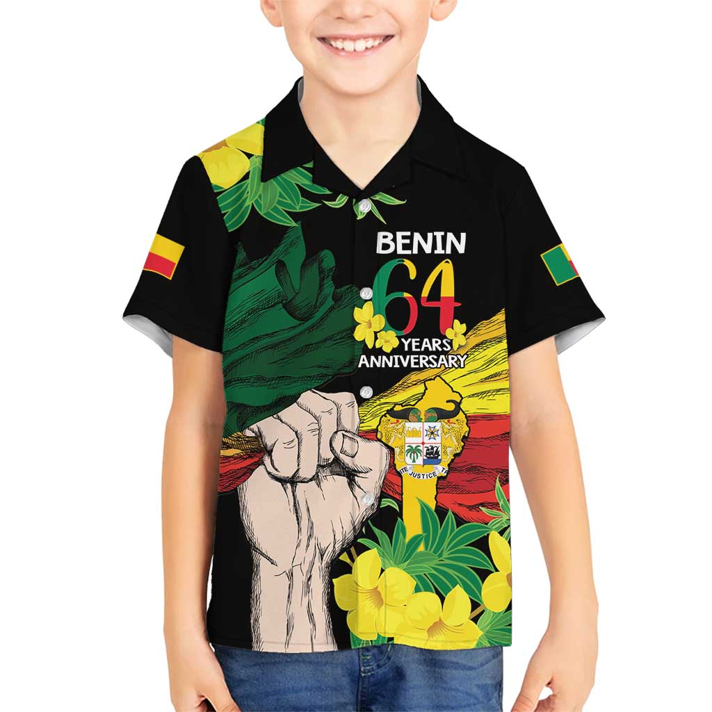 Benin National Day Family Matching Off Shoulder Short Dress and Hawaiian Shirt Happy 64th Independence Anniversary Yellow Allamanda - Wonder Print Shop