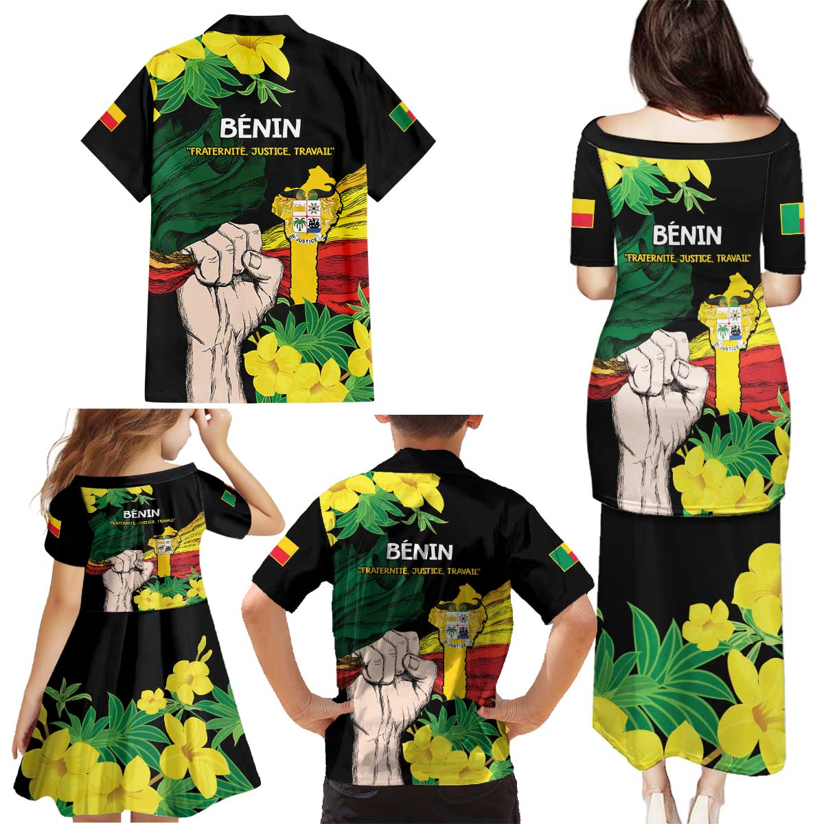 Benin National Day Family Matching Puletasi and Hawaiian Shirt Happy 64th Independence Anniversary Yellow Allamanda - Wonder Print Shop