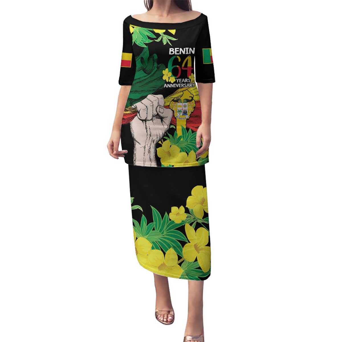 Benin National Day Family Matching Puletasi and Hawaiian Shirt Happy 64th Independence Anniversary Yellow Allamanda - Wonder Print Shop