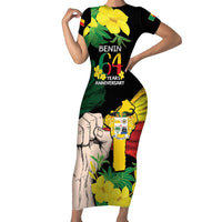 Benin National Day Family Matching Short Sleeve Bodycon Dress and Hawaiian Shirt Happy 64th Independence Anniversary Yellow Allamanda - Wonder Print Shop