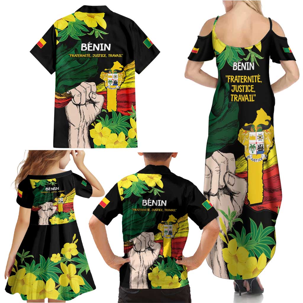Benin National Day Family Matching Summer Maxi Dress and Hawaiian Shirt Happy 64th Independence Anniversary Yellow Allamanda - Wonder Print Shop