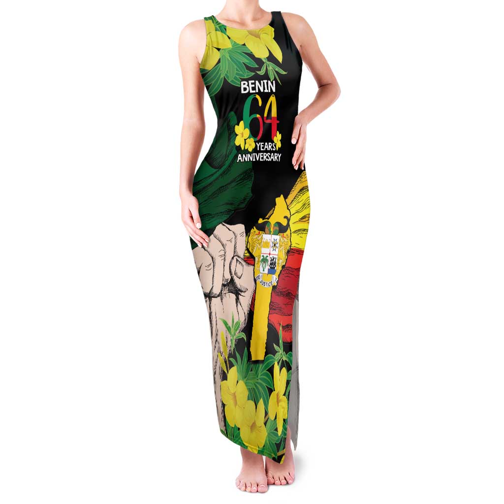Benin National Day Family Matching Tank Maxi Dress and Hawaiian Shirt Happy 64th Independence Anniversary Yellow Allamanda - Wonder Print Shop