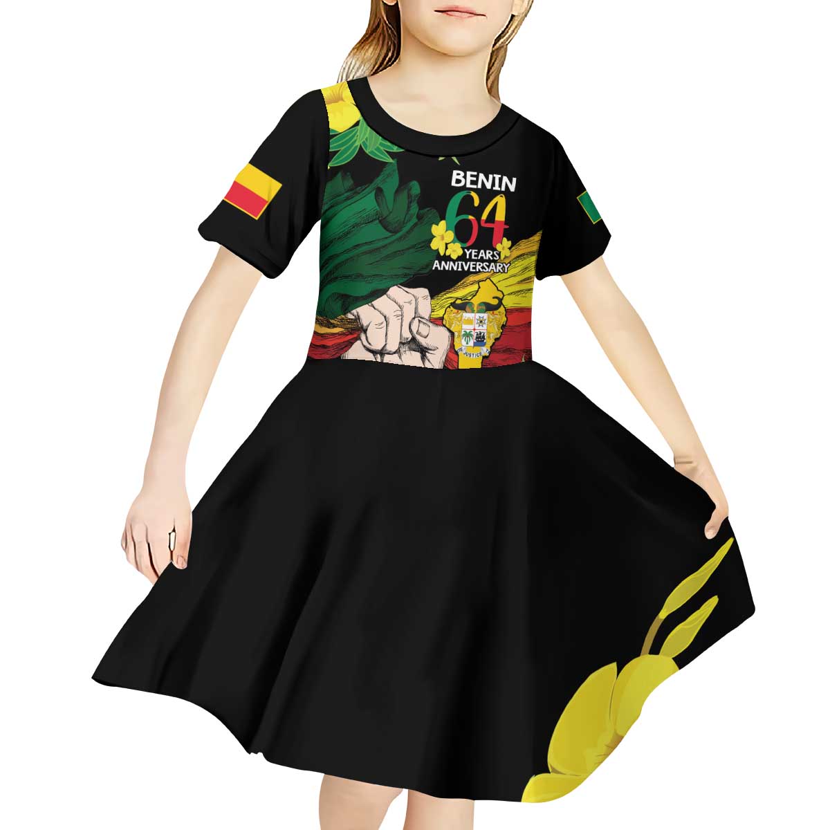 Benin National Day Kid Short Sleeve Dress Happy 64th Independence Anniversary Yellow Allamanda - Wonder Print Shop