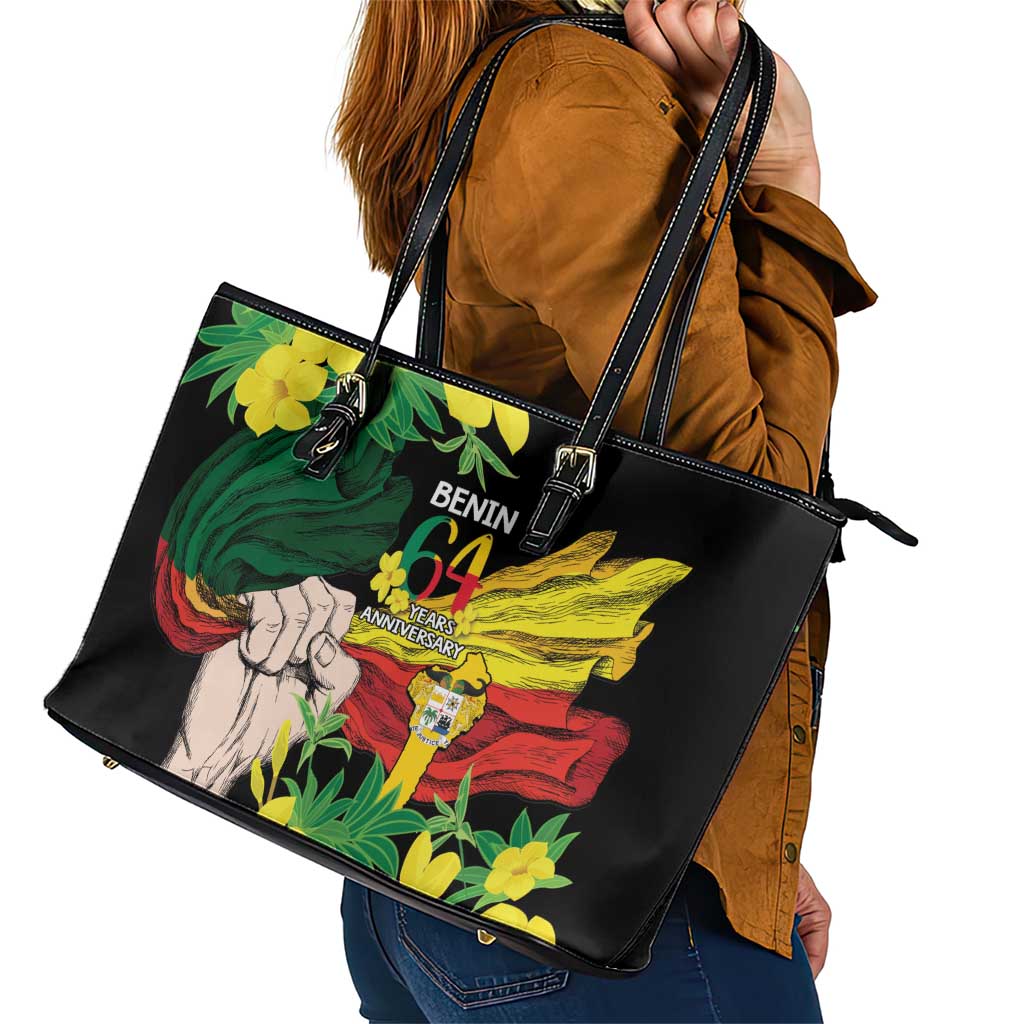 Benin National Day Leather Tote Bag Happy 64th Independence Anniversary Yellow Allamanda - Wonder Print Shop