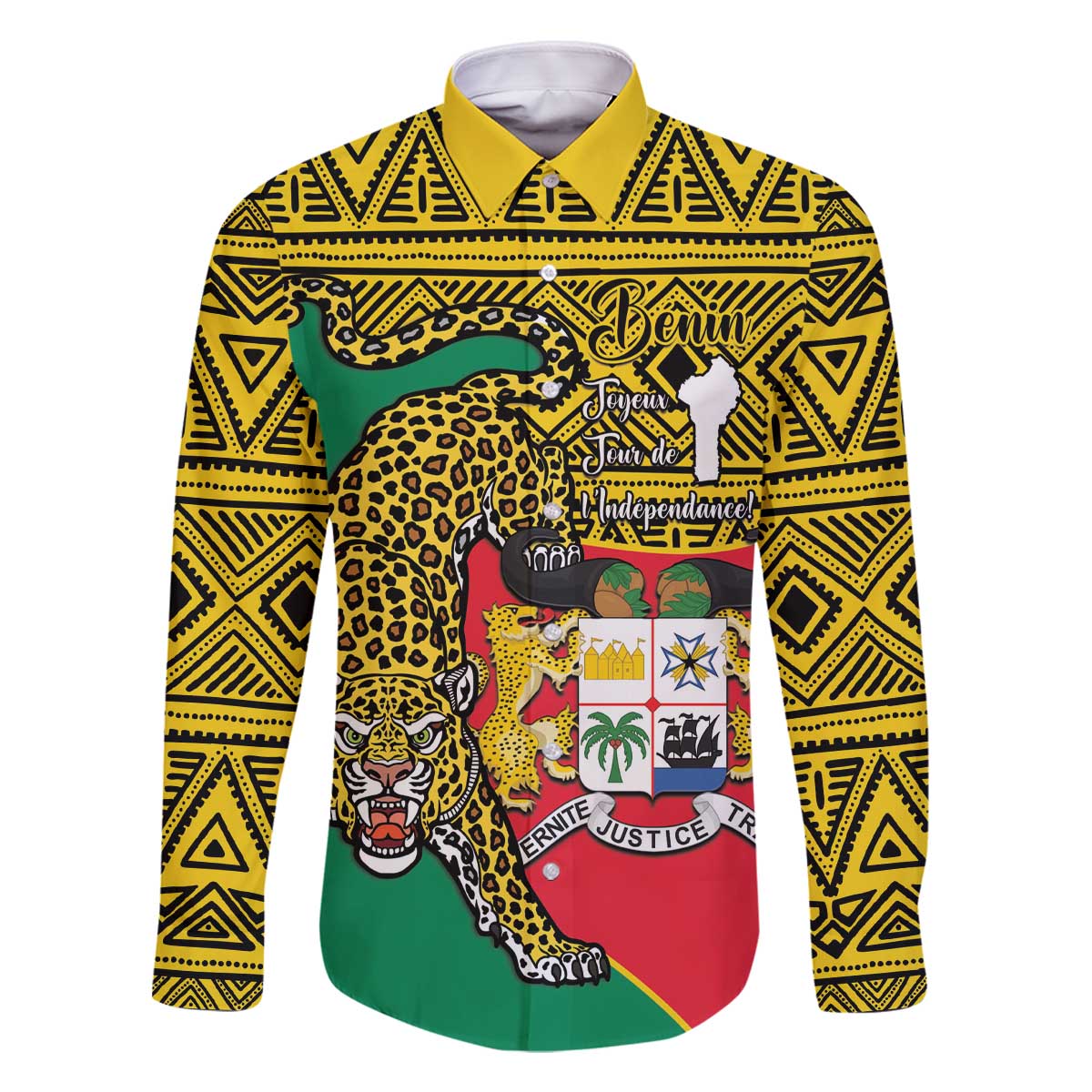 Personalised Benin National Day Family Matching Off The Shoulder Long Sleeve Dress and Hawaiian Shirt Coat Of Arms With Leopard African Pattern - Wonder Print Shop