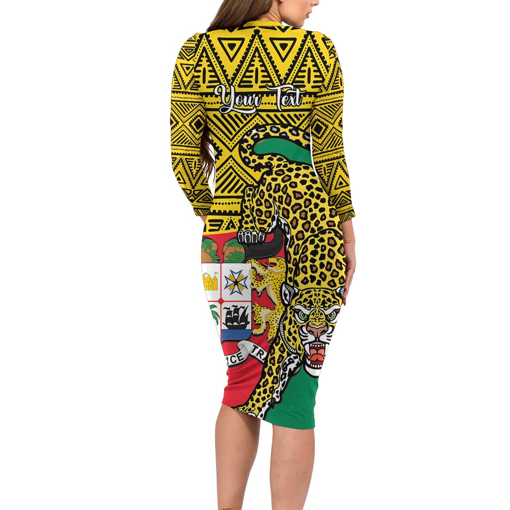 Personalised Benin National Day Long Sleeve Bodycon Dress Coat Of Arms With Leopard African Pattern LT14