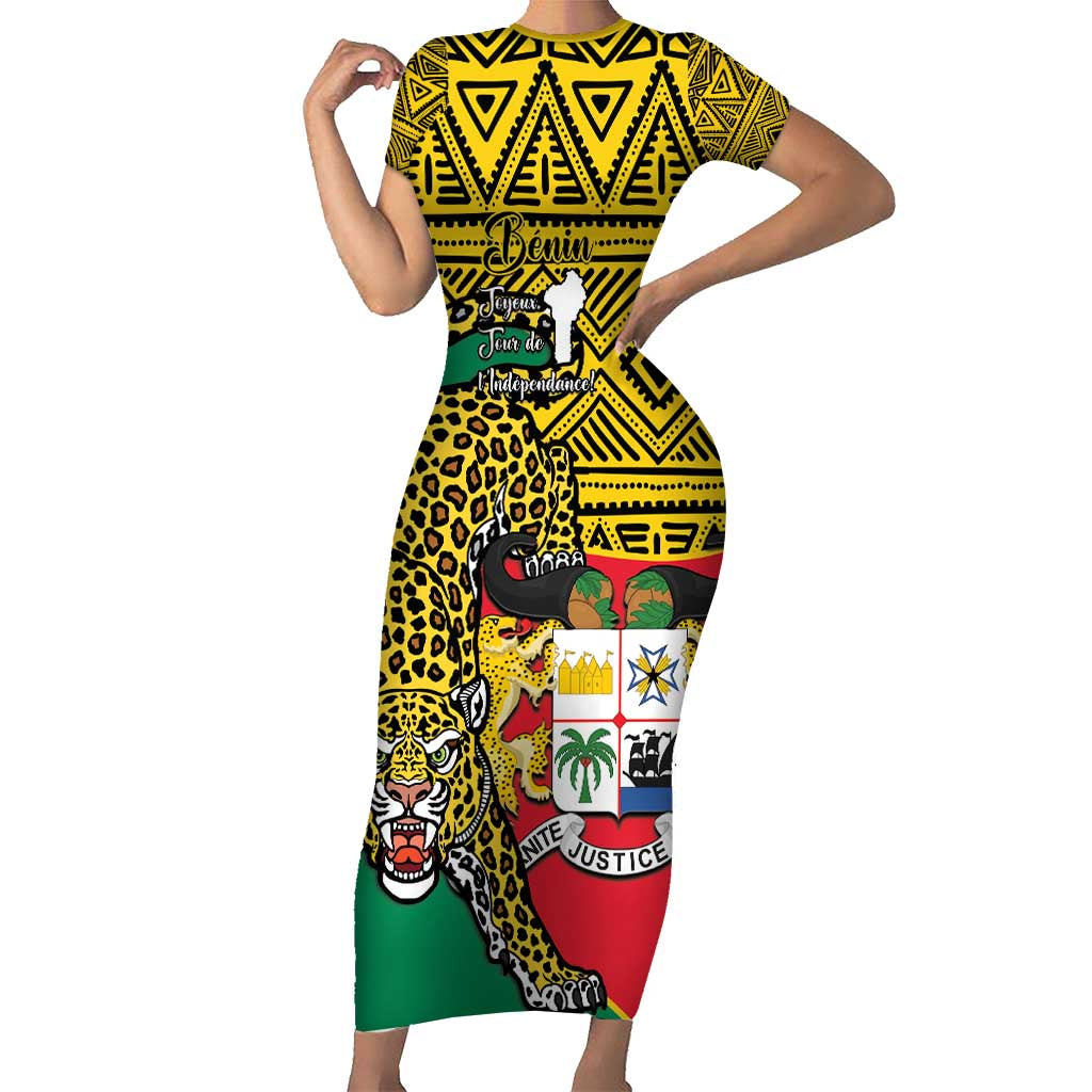 Personalised Benin National Day Short Sleeve Bodycon Dress Coat Of Arms With Leopard African Pattern LT14