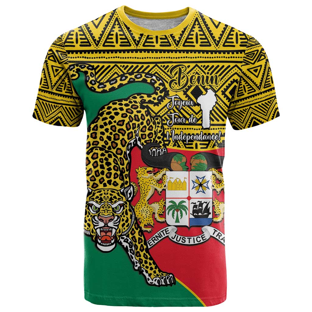 Personalised Benin National Day T Shirt Coat Of Arms With Leopard African Pattern - Wonder Print Shop