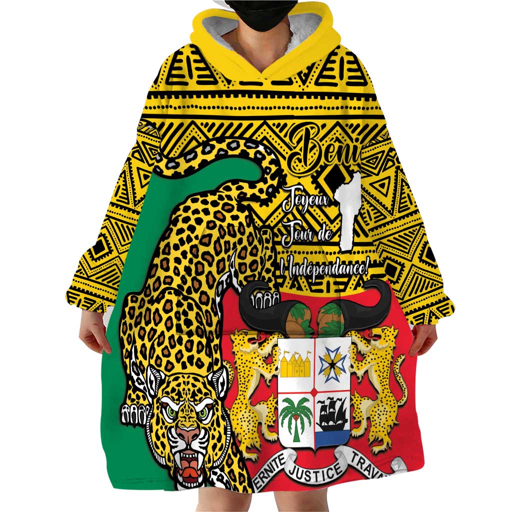 Personalised Benin National Day Wearable Blanket Hoodie Coat Of Arms With Leopard African Pattern - Wonder Print Shop