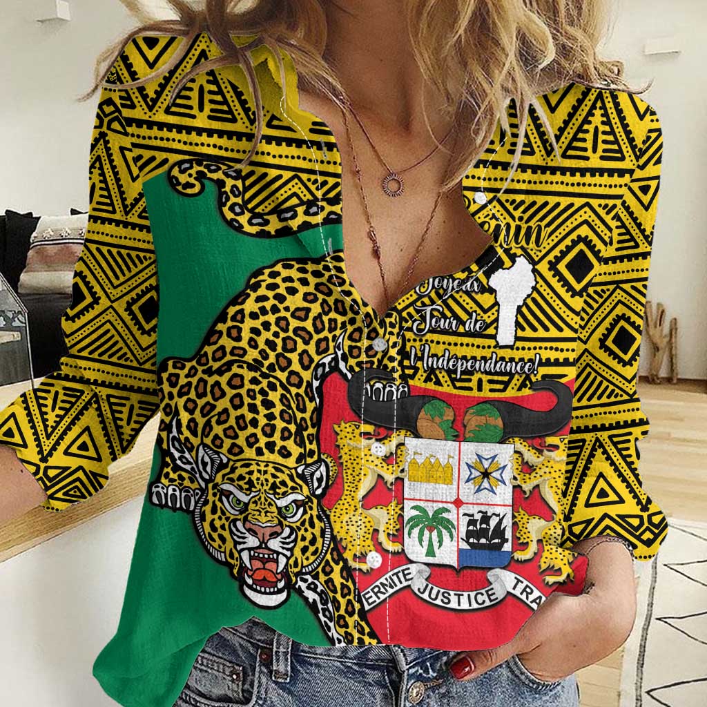 Personalised Benin National Day Women Casual Shirt Coat Of Arms With Leopard African Pattern - Wonder Print Shop