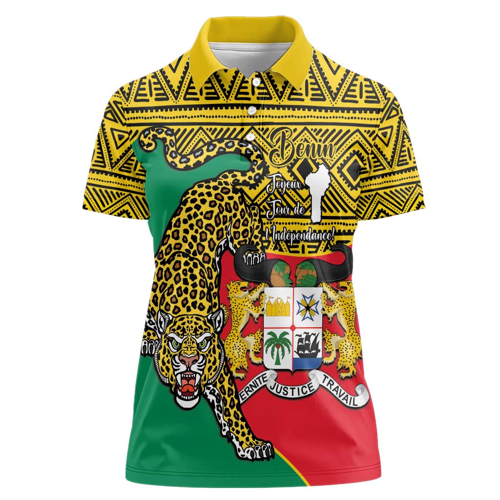 Personalised Benin National Day Women Polo Shirt Coat Of Arms With Leopard African Pattern - Wonder Print Shop