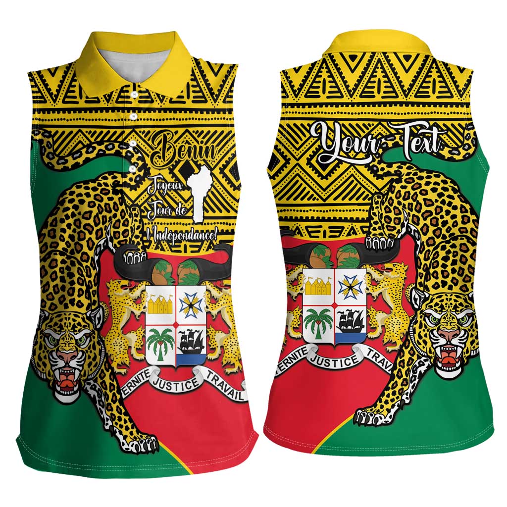 Personalised Benin National Day Women Sleeveless Polo Shirt Coat Of Arms With Leopard African Pattern - Wonder Print Shop