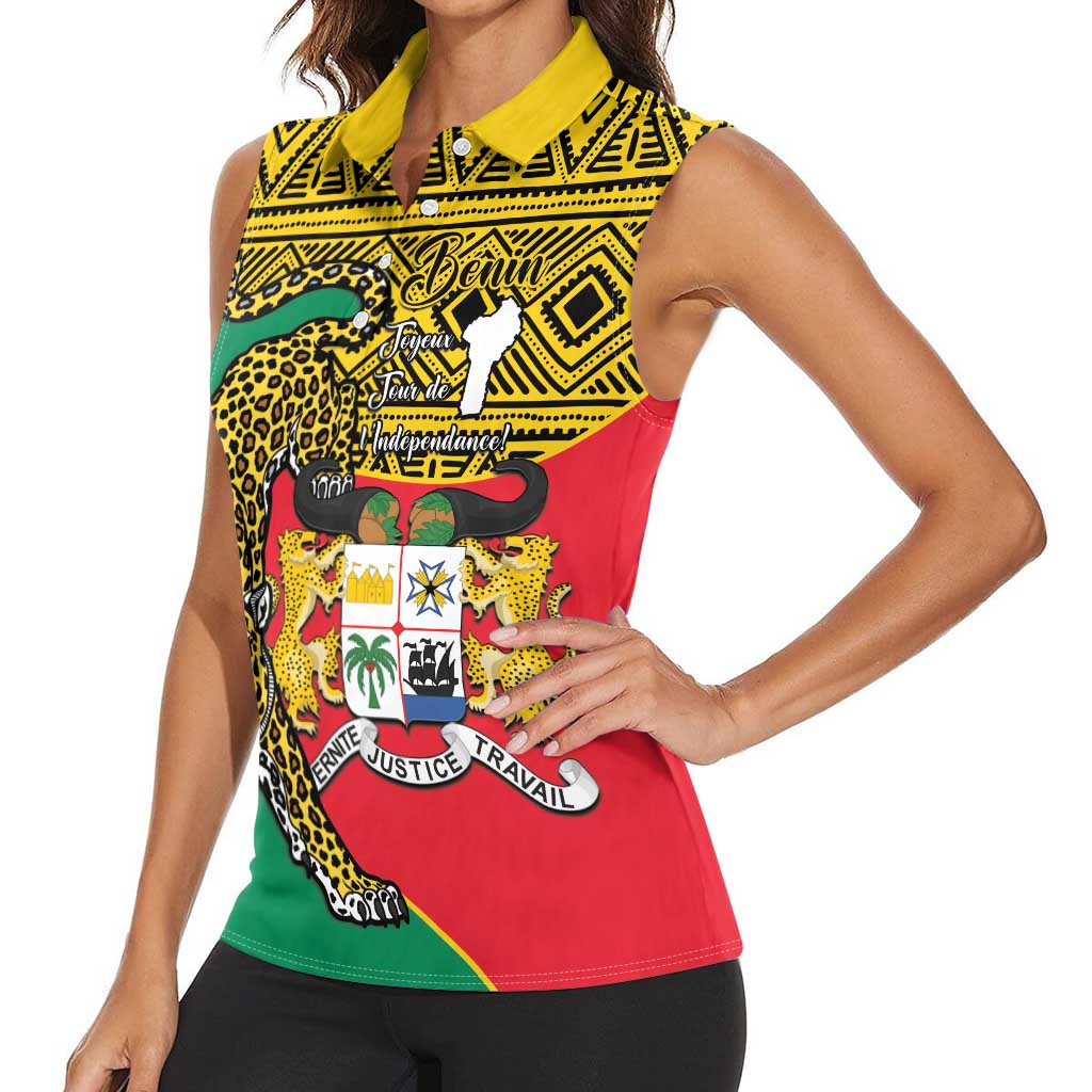 Personalised Benin National Day Women Sleeveless Polo Shirt Coat Of Arms With Leopard African Pattern - Wonder Print Shop