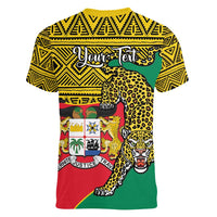 Personalised Benin National Day Women V-Neck T-Shirt Coat Of Arms With Leopard African Pattern - Wonder Print Shop