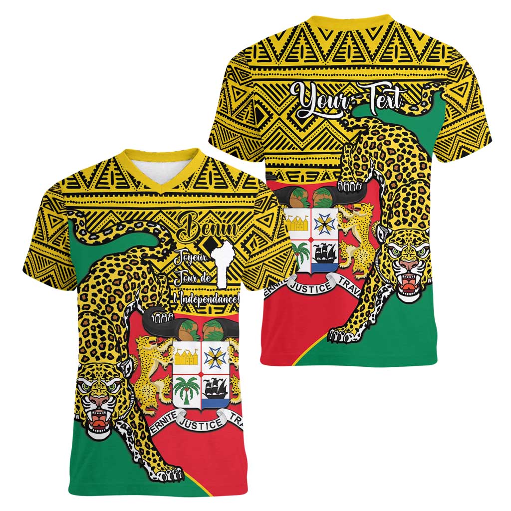 Personalised Benin National Day Women V-Neck T-Shirt Coat Of Arms With Leopard African Pattern - Wonder Print Shop