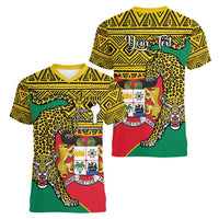 Personalised Benin National Day Women V-Neck T-Shirt Coat Of Arms With Leopard African Pattern - Wonder Print Shop