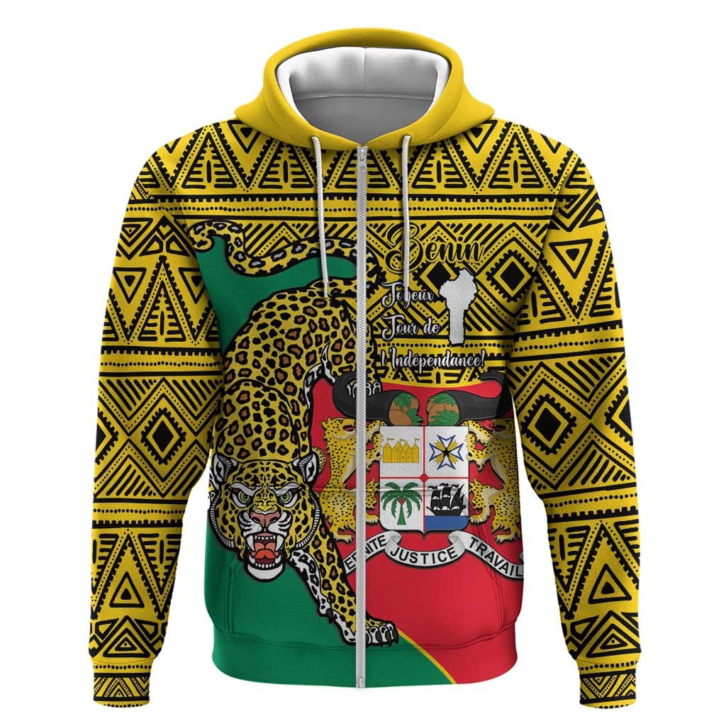 Personalised Benin National Day Zip Hoodie Coat Of Arms With Leopard African Pattern - Wonder Print Shop