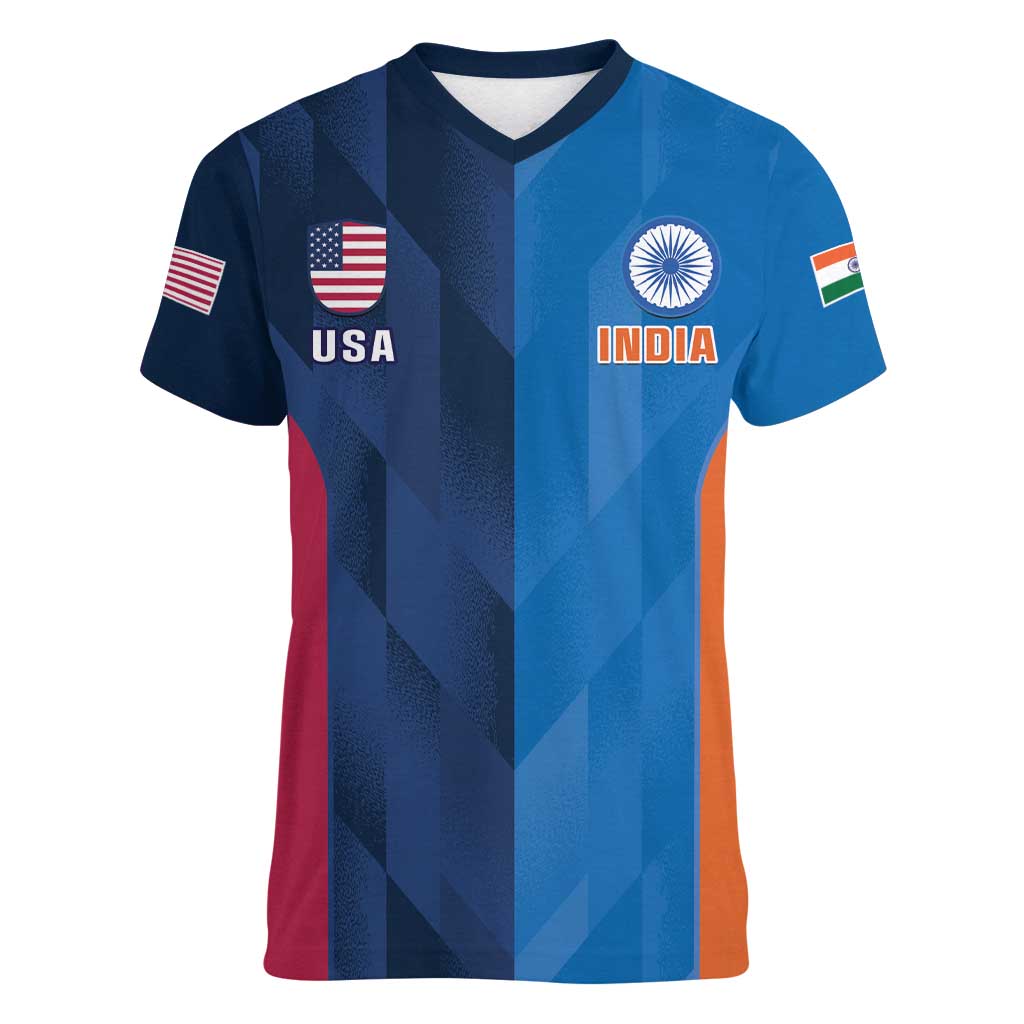 Custom USA and India Cricket Women V-Neck T-Shirt 2024 Together Dynamic Style - Wonder Print Shop