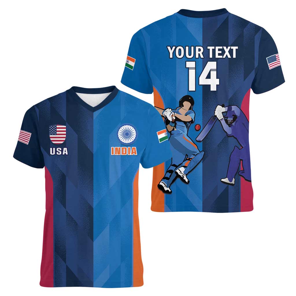 Custom USA and India Cricket Women V-Neck T-Shirt 2024 Together Dynamic Style - Wonder Print Shop