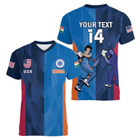 Custom USA and India Cricket Women V-Neck T-Shirt 2024 Together Dynamic Style - Wonder Print Shop